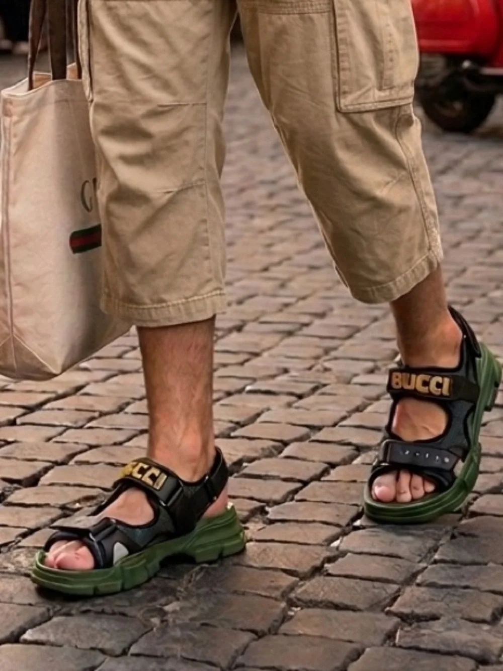 Gucci x Sega Aguru Black, Olive Green & Yellow Mesh Logo Platform Sandal